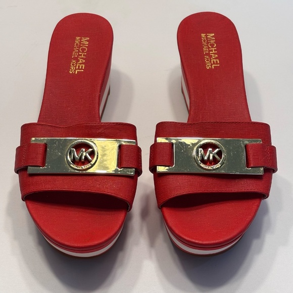 Michael Michael Kors Women's Wedges Sandals Slip On SZ 8 Red White Gold MK Accen - Picture 4 of 12